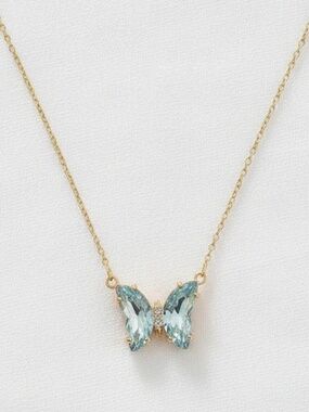 Gold Butterfly Necklace – Colorful Statement Pendant- Light Blue